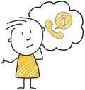 Stick man standing and thinking bubble expression illustration yellow telephone support sign Royalty Free Stock Photo
