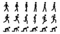 Stick man walk. Black animation kit of walking running and crawling simple human silhouette icons. Vector pedestrian run