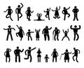 Stick people poses. Black silhouettes of stickman characters in different action and posture, yoga and simple postures Royalty Free Stock Photo