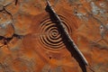 A stick is placed on the ground, and its shadow forms circular ripples in the sand that can be seen from above. the background of Royalty Free Stock Photo