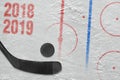 Stick, puck and hockey arena fragment with markup Royalty Free Stock Photo