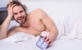 Stick schedule same bedtime wake up time. Enough sleep for him. Regulate your bodys clock. Man unshaven bearded wakeful Royalty Free Stock Photo