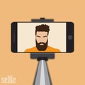 Stick for selfie. Monopod Selfie shots cartoon illustration.Young couple making self portrait. Man with beard hipster