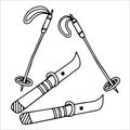 Stick skis and skis in doodle style. Winter sports. Vector graphics.