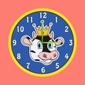 Sticker Animal Head With Crown On Clock. Cow Head. Perfect For Character Design Kid Clock