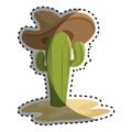 Sticker animated sketch cactus with mexican hat in desert