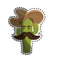 Sticker animated sketch cactus with mexican hat and moustache