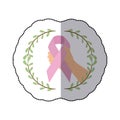 Sticker arch of leaves with hand holding a ribbon pink symbol of breast cancer Royalty Free Stock Photo