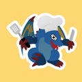 Sticker of Blue Dragon Chef Carry Spatula and Knives Cartoon, Cute Funny Character, Flat Design Royalty Free Stock Photo