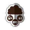 sticker brown cloud in cumulus shape connected to tech device