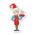 sticker of a cartoon barista serving coffee at christmas