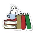 sticker of a cartoon coffee cup and study books