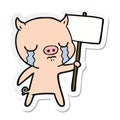 sticker of a cartoon crying pig with sign post Royalty Free Stock Photo