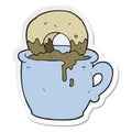 sticker of a cartoon donut dunked in coffee Royalty Free Stock Photo