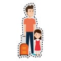 Sticker cartoon father with travel briefcase and daugther girl