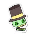 sticker of a cartoon laughing skull in top hat