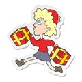 sticker of a cartoon running woman with presents Royalty Free Stock Photo