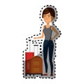 Sticker cartoon short hair woman with pair travel briefcases