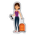 Sticker cartoon short hair woman with travel briefcase and glasses