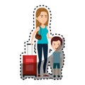 Sticker cartoon woman with travel briefcase and boy