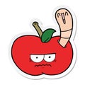 sticker of a cartoon worm eating an angry apple