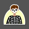 Sticker a child in a halloween skeleton costume. Avatar for social media. Black jumper with bones and skull mask. Party