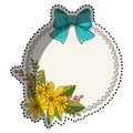 Sticker circular border with floral bouquet and blue ribbon