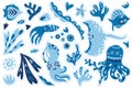 Sticker collection with cute simple marine creatures, sea or ocean flora and fauna in blue colours Royalty Free Stock Photo