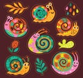 Sticker collection with decorative snails, leaves and drops. Vector illustration Royalty Free Stock Photo