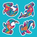 Sticker collection. Hammerhead sharks with decorative flowers ornaments inside