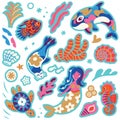 Sticker collection of wonderful whimsical ocean creatures. Vector illustration Royalty Free Stock Photo