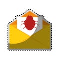 Sticker color silhouette with open envelope mail with beetle virus