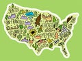 Sticker Colored Hand drawn doodle USA map. American city names lettering