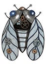 Sticker of Colorful Steampunk Cicada Isolated on White Background. Steampunk Cicada Sticker Drawn by Colored Pencils.