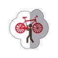 sticker colorful worker holding up bicycle Royalty Free Stock Photo