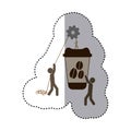 sticker colorful workers with pulley holding big disposable for hot drinks with lid