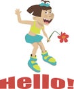 Sticker comic with a funny girl. Hello! Merry postcard. Cartoon