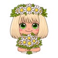 Sticker with a cute blonde girl with a wreath of daisies on her head and holding a bouquet of flowers. Hello summer Royalty Free Stock Photo