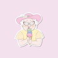 Sticker of a cute old lady eating ice cream.Vector illustration in a cartoon style