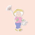 Sticker of a cute old lady with a watering can and rake, seasonal work in the garden.Vector illustration cartoon design Royalty Free Stock Photo