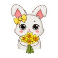 Sticker with cute rabbit holding bouquet of narcissus. Smiling adorable character in cartoon style. Summer, spring Royalty Free Stock Photo