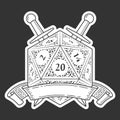 D20 Die With Ribbon and Swords. Outline Style Royalty Free Stock Photo