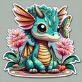Sticker design, chibi dragon , pearl, frangipani,butterfly,vector, highly detailed, 8K, illustration
