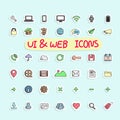 Sticker design icon set of ui and internet vector illustration hand drawn on blue background