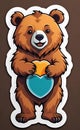 A sticker design of a very cute brown bear puppy holding two hearts