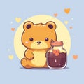 Sticker with die-cut in the form of a bear cub hugging a honey jar, kawaii color background