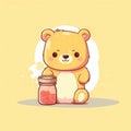 Sticker with die-cut in the form of a bear cub hugging a honey jar, kawaii color background