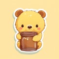 Sticker with die-cut in the form of a bear cub hugging a honey jar, kawaii color background