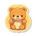 Sticker with die-cut in the form of a bear cub hugging a honey jar, kawaii color background