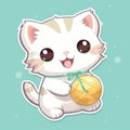 Sticker with die-cut in the form of a kitty playing with a ball of string, kawaii color background Royalty Free Stock Photo